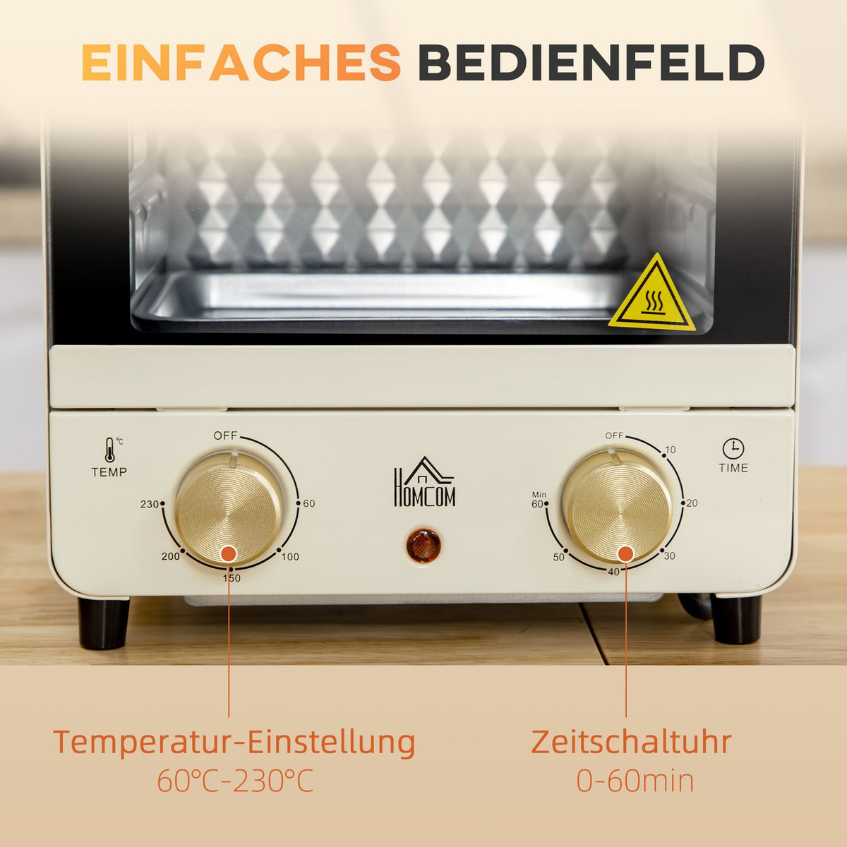 Mini oven 15L, 1 hour timer, 60-230°C, pizza oven with circulating air, 1000 W, mini oven with baking tray set, crumb tray, cream white