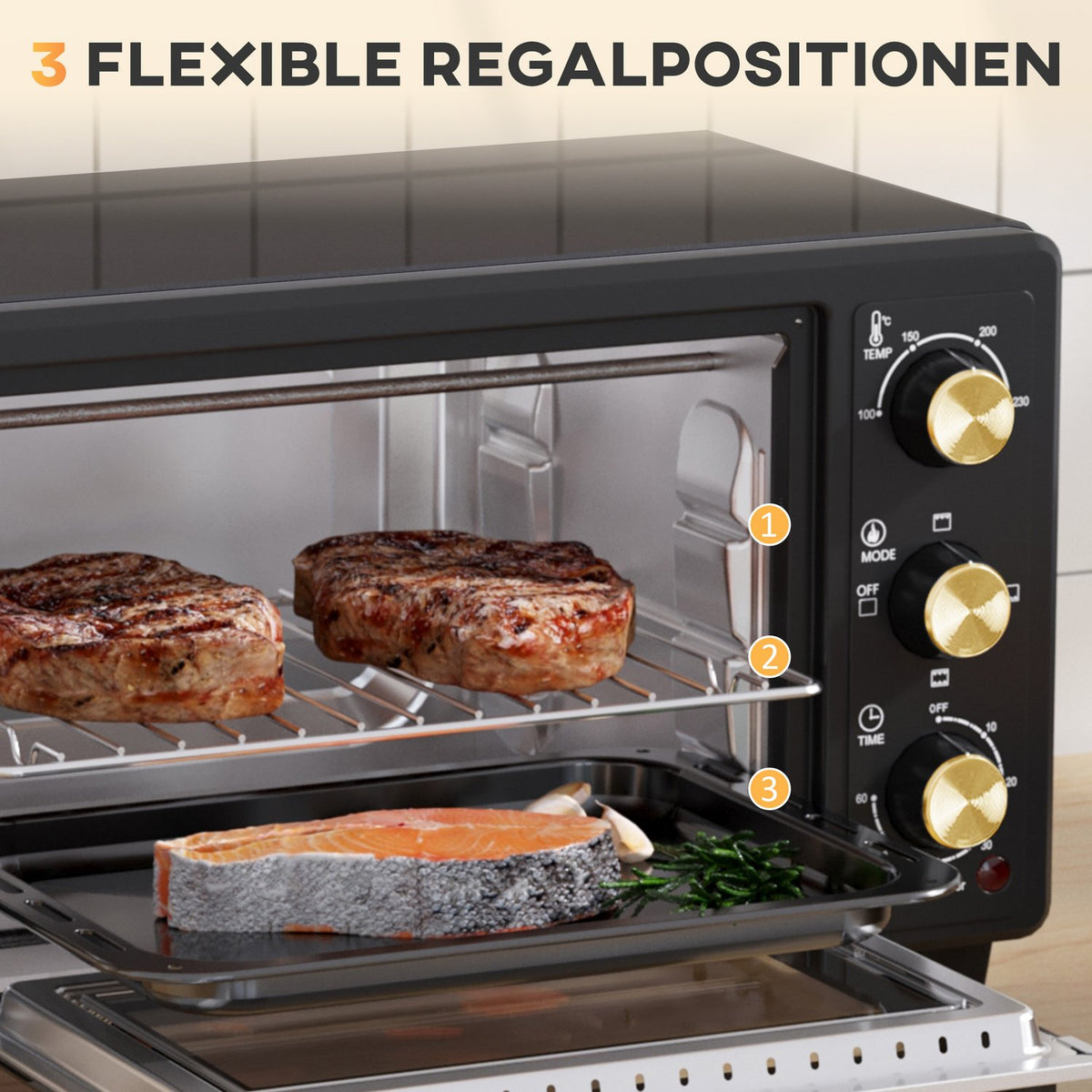 Mini oven 16 L 1400W Mini oven 100-230? 60 min. timer, with grill rack and baking tray, pizza oven with tray handle, crumb tray black