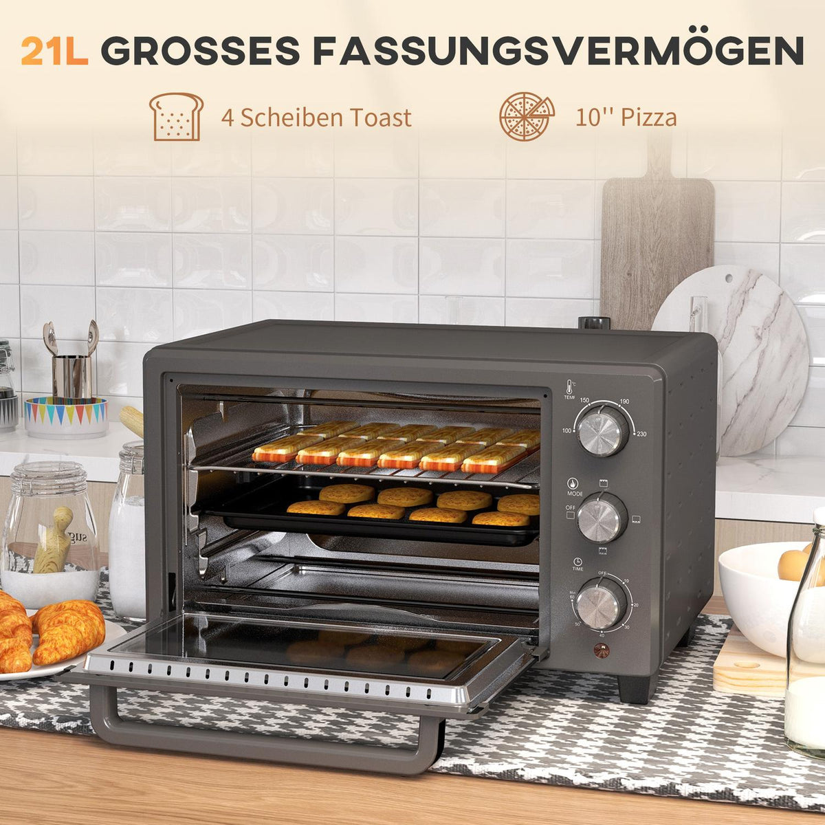 Mini oven 21L 1400W 60 min. Timer, small oven with 100°C-230°C adjustable temperature cooking time, mini oven with baking tray, wire rack, table oven made of stainless steel, gray