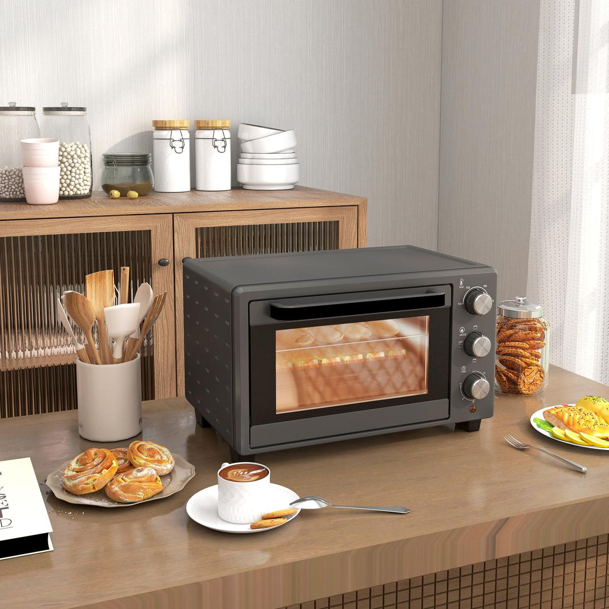 Mini oven 21L 1400W 60 min. Timer, small oven with 100°C-230°C adjustable temperature cooking time, mini oven with baking tray, wire rack, table oven made of stainless steel, gray