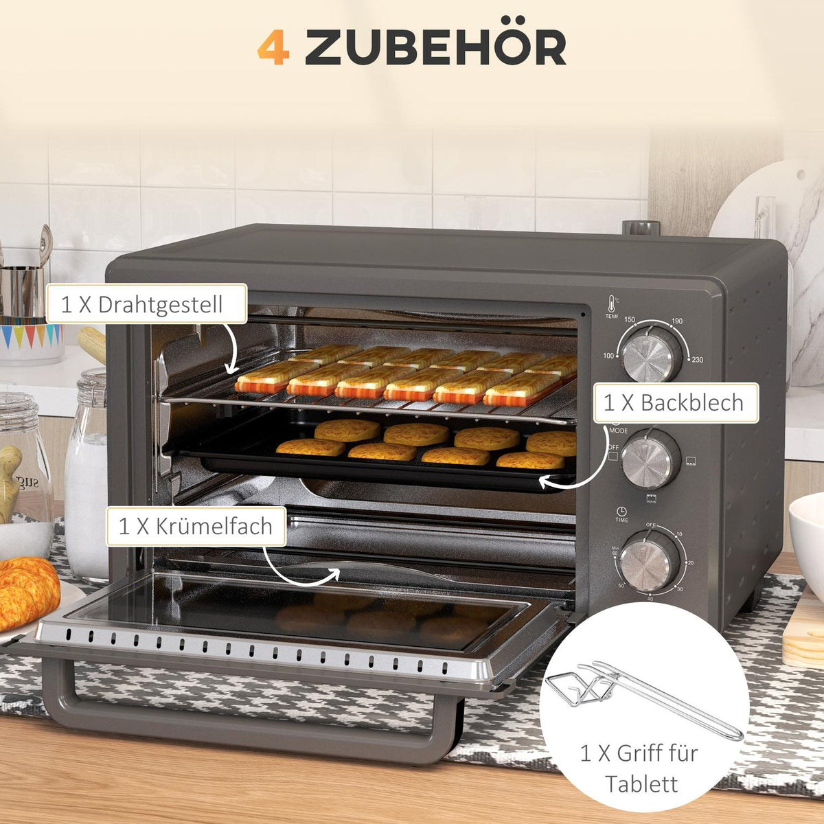 Mini oven 21L 1400W 60 min. Timer, small oven with 100°C-230°C adjustable temperature cooking time, mini oven with baking tray, wire rack, table oven made of stainless steel, gray