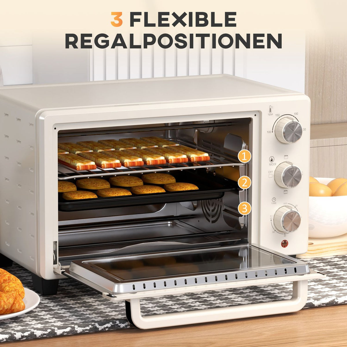Mini oven 21L pizza oven mini oven baking tray grill rack crumb tray 1400W table oven 1h timer 100-230°C metal cream