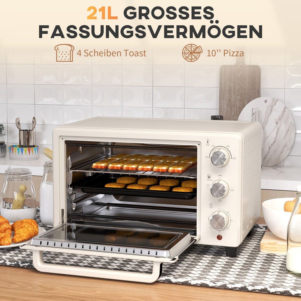 Mini oven 21L pizza oven mini oven baking tray grill rack crumb tray 1400W table oven 1h timer 100-230°C metal cream