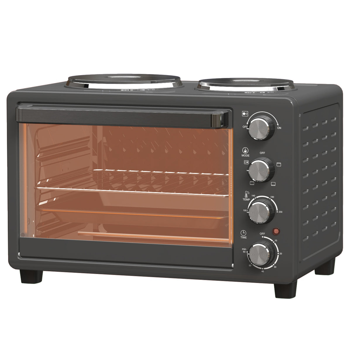 Mini oven 28 L 2600W Mini oven 100-230? 60 min. timer, with 2 warming plates, baking tray and grill rack. Pizza oven with crumb tray, tray handle black