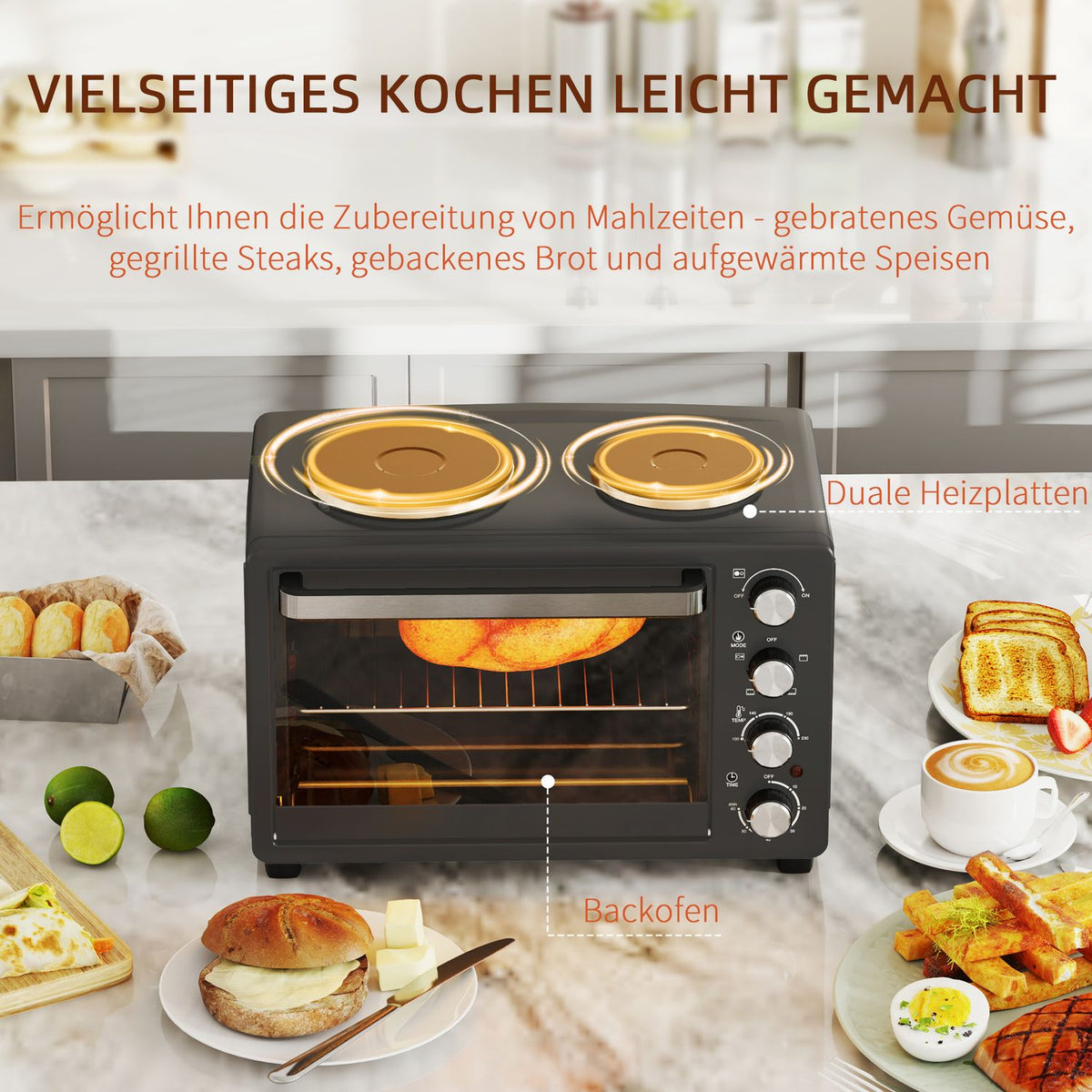 Mini oven 28 L 2600W Mini oven 100-230? 60 min. timer, with 2 warming plates, baking tray and grill rack. Pizza oven with crumb tray, tray handle black