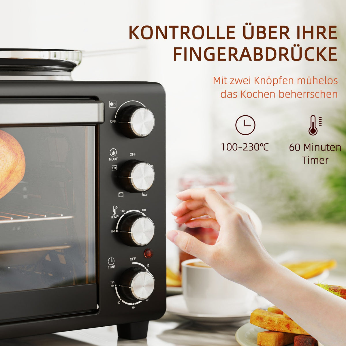Mini oven 28 L 2600W Mini oven 100-230? 60 min. timer, with 2 warming plates, baking tray and grill rack. Pizza oven with crumb tray, tray handle black