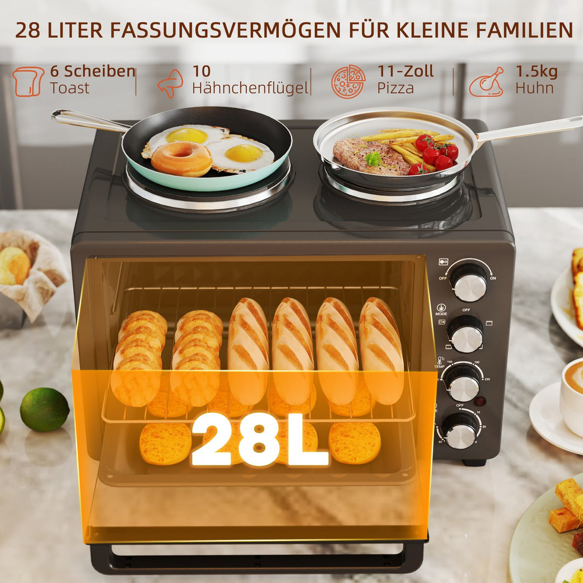 Mini oven 28 L 2600W Mini oven 100-230? 60 min. timer, with 2 warming plates, baking tray and grill rack. Pizza oven with crumb tray, tray handle black