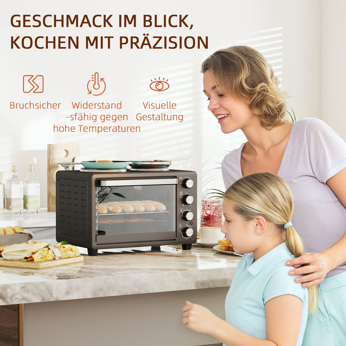 Mini oven 28 L 2600W Mini oven 100-230? 60 min. timer, with 2 warming plates, baking tray and grill rack. Pizza oven with crumb tray, tray handle black