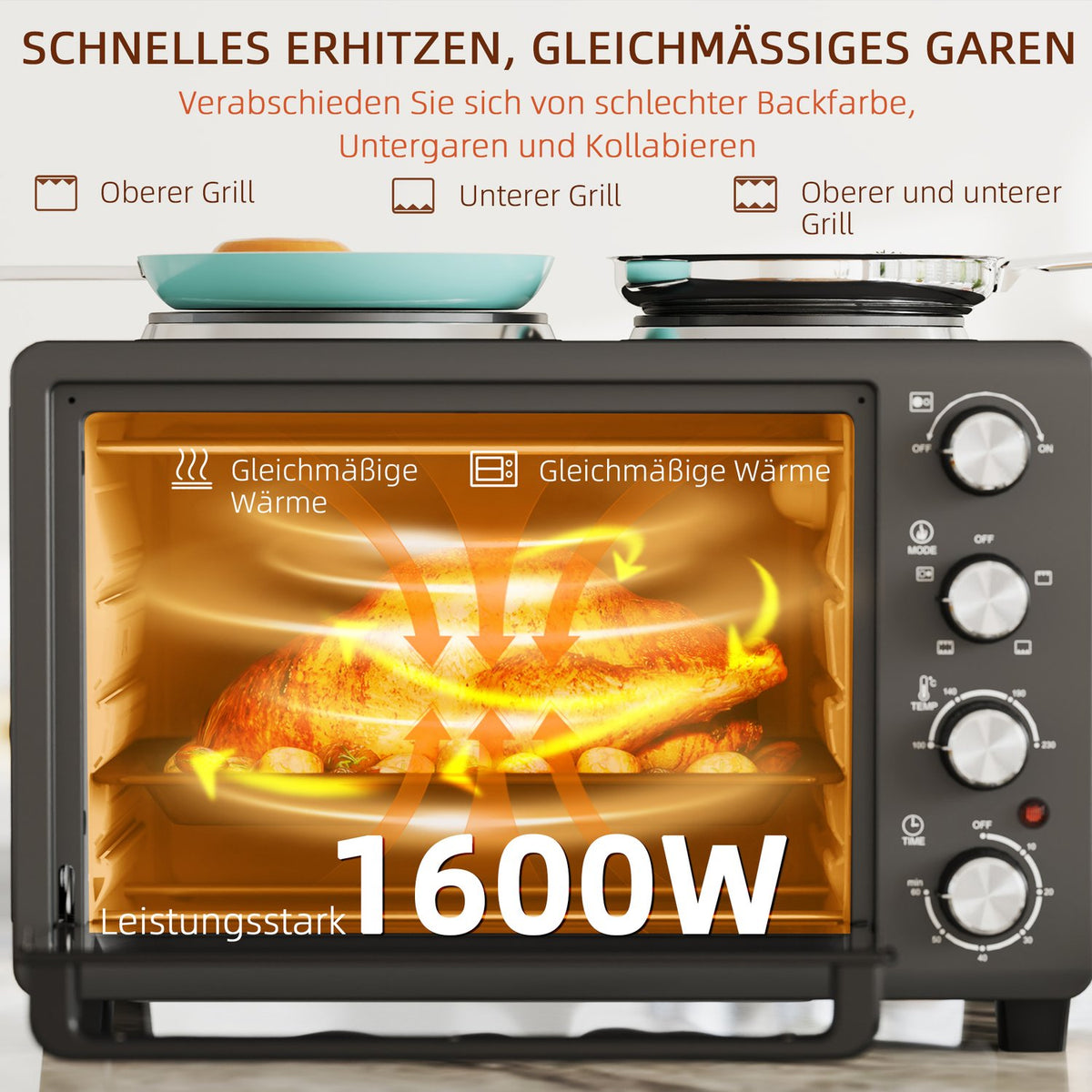Mini oven 28 L 2600W Mini oven 100-230? 60 min. timer, with 2 warming plates, baking tray and grill rack. Pizza oven with crumb tray, tray handle black