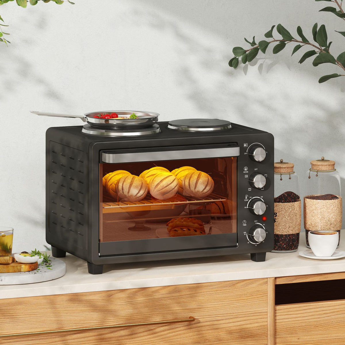 Mini oven 28 L 2600W Mini oven 100-230? 60 min. timer, with 2 warming plates, baking tray and grill rack. Pizza oven with crumb tray, tray handle black