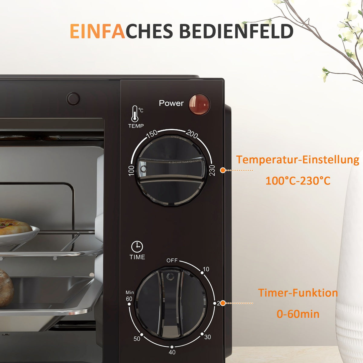 Mini oven 9L mini oven with baking tray, grill rack, 100 °C-230 °C, with adjustable temperature and cooking time, 60 min. timer, 750W, stainless steel, black