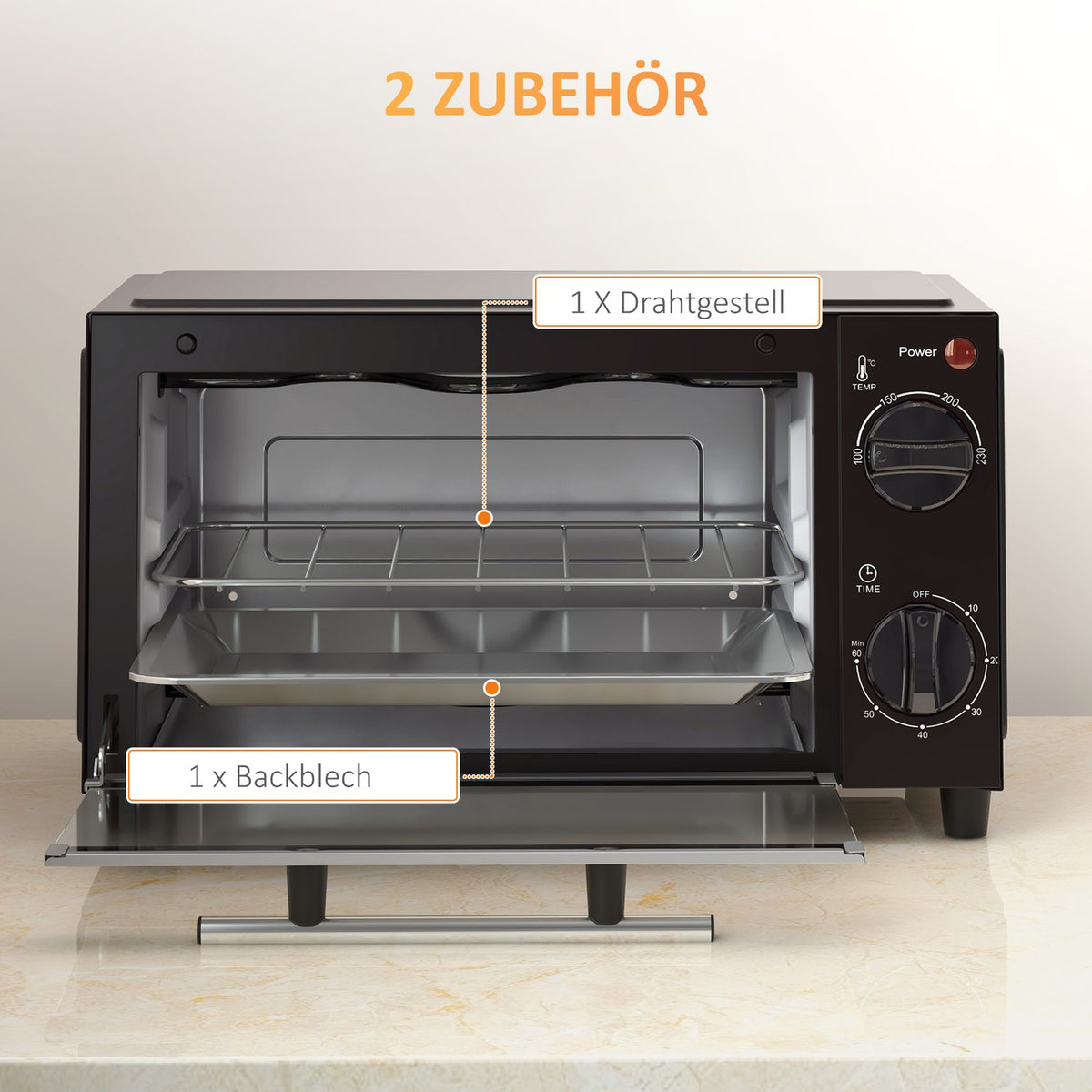 Mini oven 9L mini oven with baking tray, grill rack, 100 °C-230 °C, with adjustable temperature and cooking time, 60 min. timer, 750W, stainless steel, black
