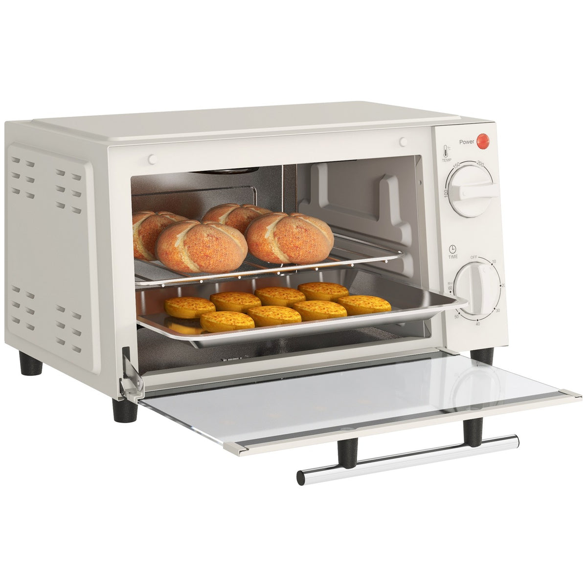 Mini oven 9L mini oven with baking tray, grill rack, 100 °C-230 °C, with adjustable temperature and cooking time, 60 min. timer, 750W, stainless steel, cream white