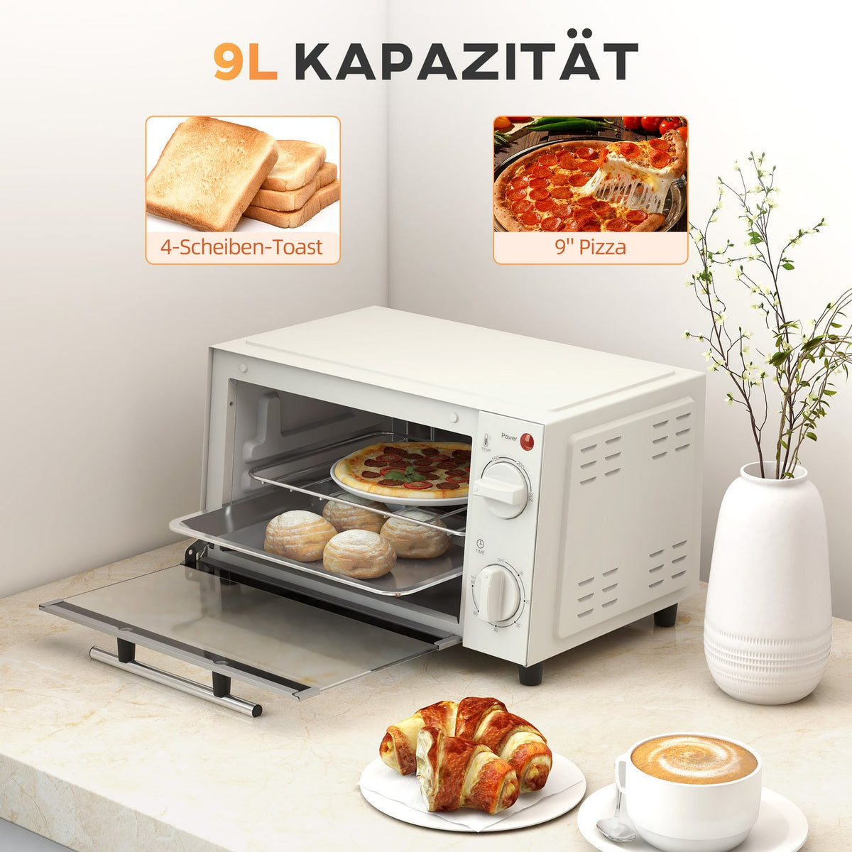 Mini oven 9L mini oven with baking tray, grill rack, 100 °C-230 °C, with adjustable temperature and cooking time, 60 min. timer, 750W, stainless steel, cream white