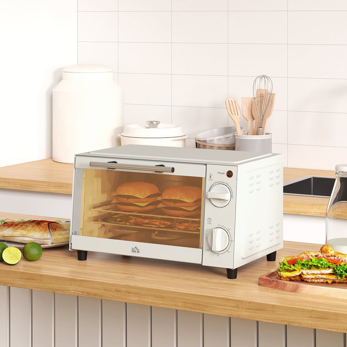 Mini oven 9L mini oven with baking tray, grill rack, 100 °C-230 °C, with adjustable temperature and cooking time, 60 min. timer, 750W, stainless steel, cream white