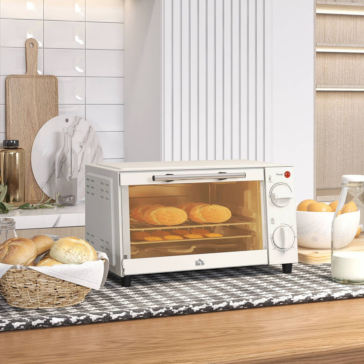Mini oven 9L mini oven with baking tray, grill rack, 100 °C-230 °C, with adjustable temperature and cooking time, 60 min. timer, 750W, stainless steel, cream white
