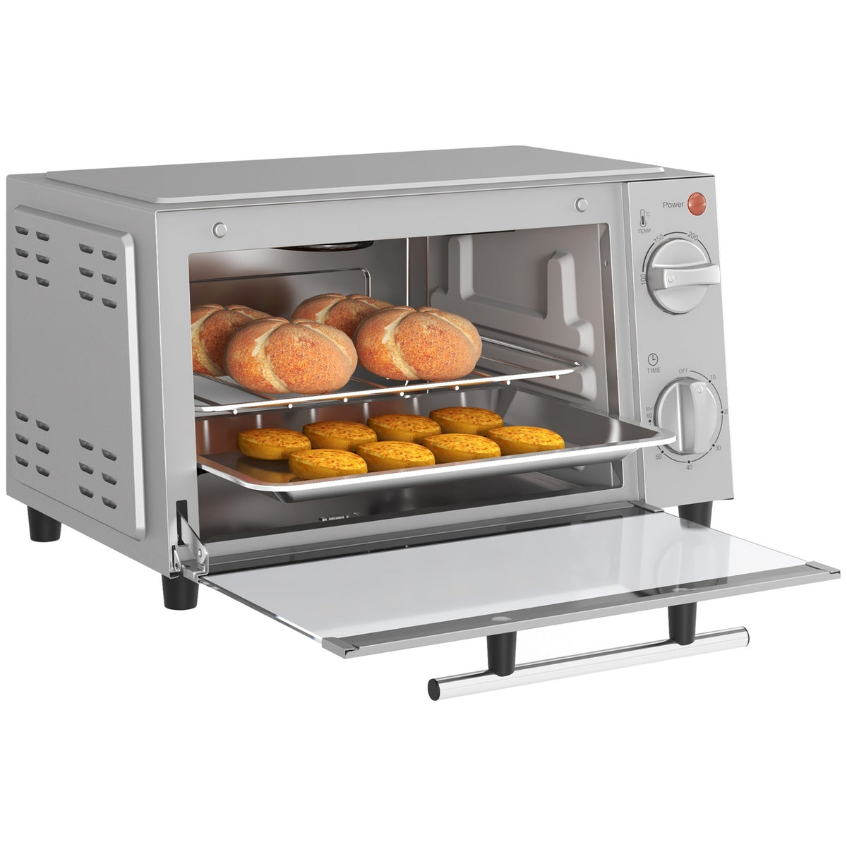 Mini oven 9L mini oven with baking tray, grill rack, 100 °C-230 °C, with adjustable temperature and cooking time, 60 min. timer, 750W, stainless steel, silver