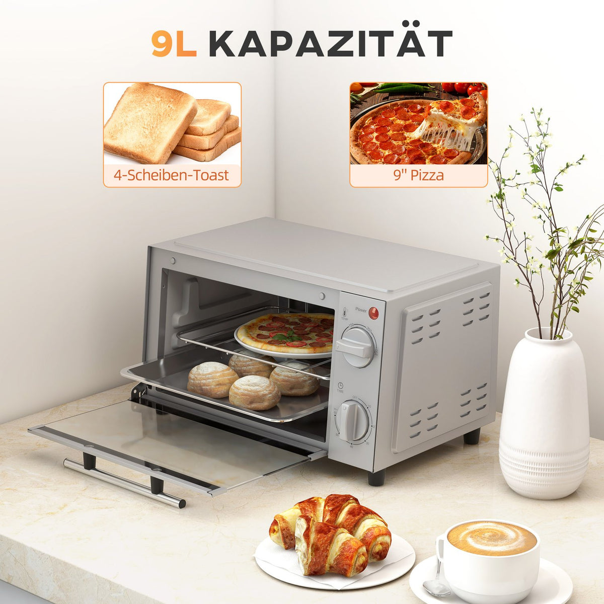 Mini oven 9L mini oven with baking tray, grill rack, 100 °C-230 °C, with adjustable temperature and cooking time, 60 min. timer, 750W, stainless steel, silver