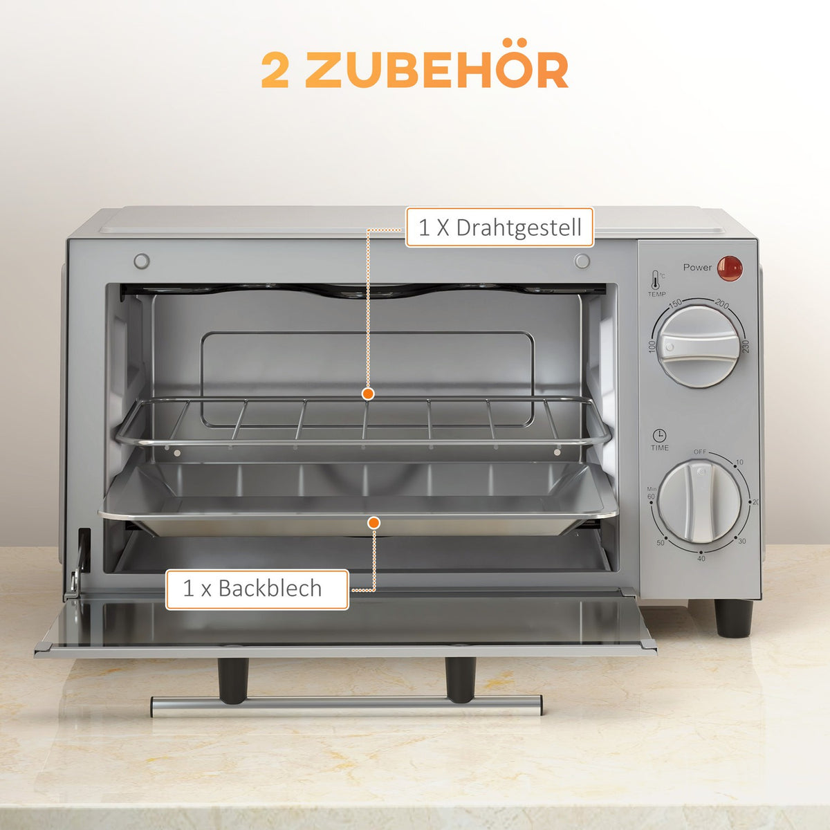 Mini oven 9L mini oven with baking tray, grill rack, 100 °C-230 °C, with adjustable temperature and cooking time, 60 min. timer, 750W, stainless steel, silver