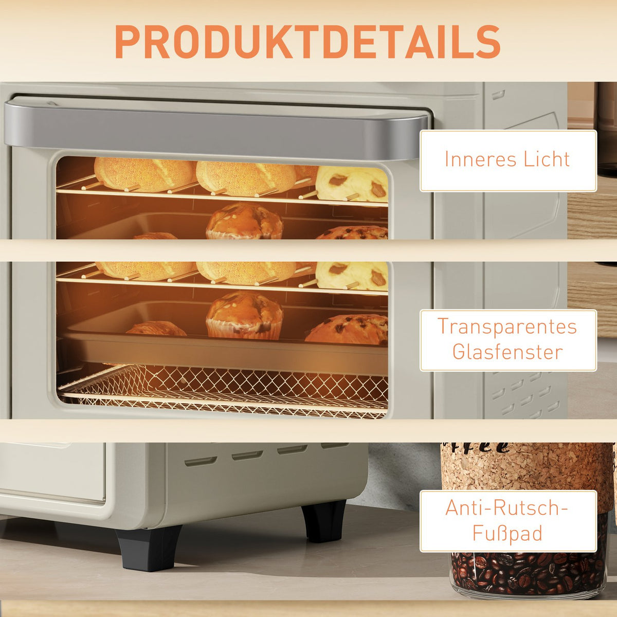 Mini oven with circulating air 10L 2 in 1 mini oven with oven rack, baking tray and crumb tray, 80°C-230°C hot air fryer with touch screen, timer, interior lighting, 1000W, stainless steel