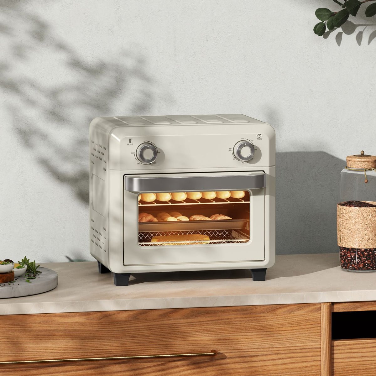 Mini oven with circulating air 10L 2 in 1 mini oven with oven rack, baking tray and crumb tray, 80°C-230°C hot air fryer with touch screen, timer, interior lighting, 1000W, stainless steel