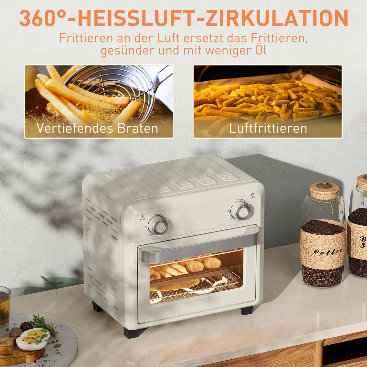 Mini oven with circulating air 10L 2 in 1 mini oven with oven rack, baking tray and crumb tray, 80°C-230°C hot air fryer with touch screen, timer, interior lighting, 1000W, stainless steel