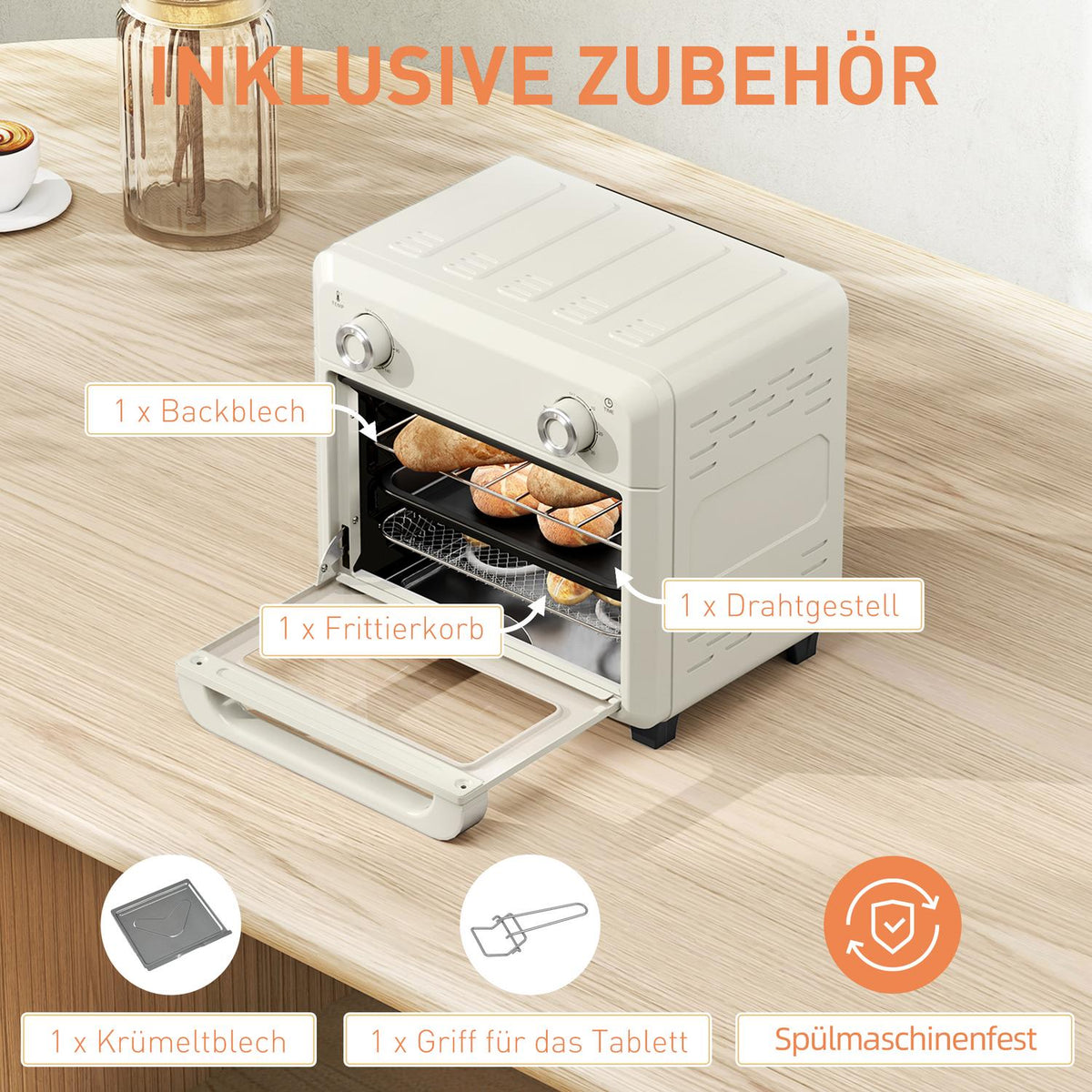 Mini oven with circulating air 10L 2 in 1 mini oven with oven rack, baking tray and crumb tray, 80°C-230°C hot air fryer with touch screen, timer, interior lighting, 1000W, stainless steel