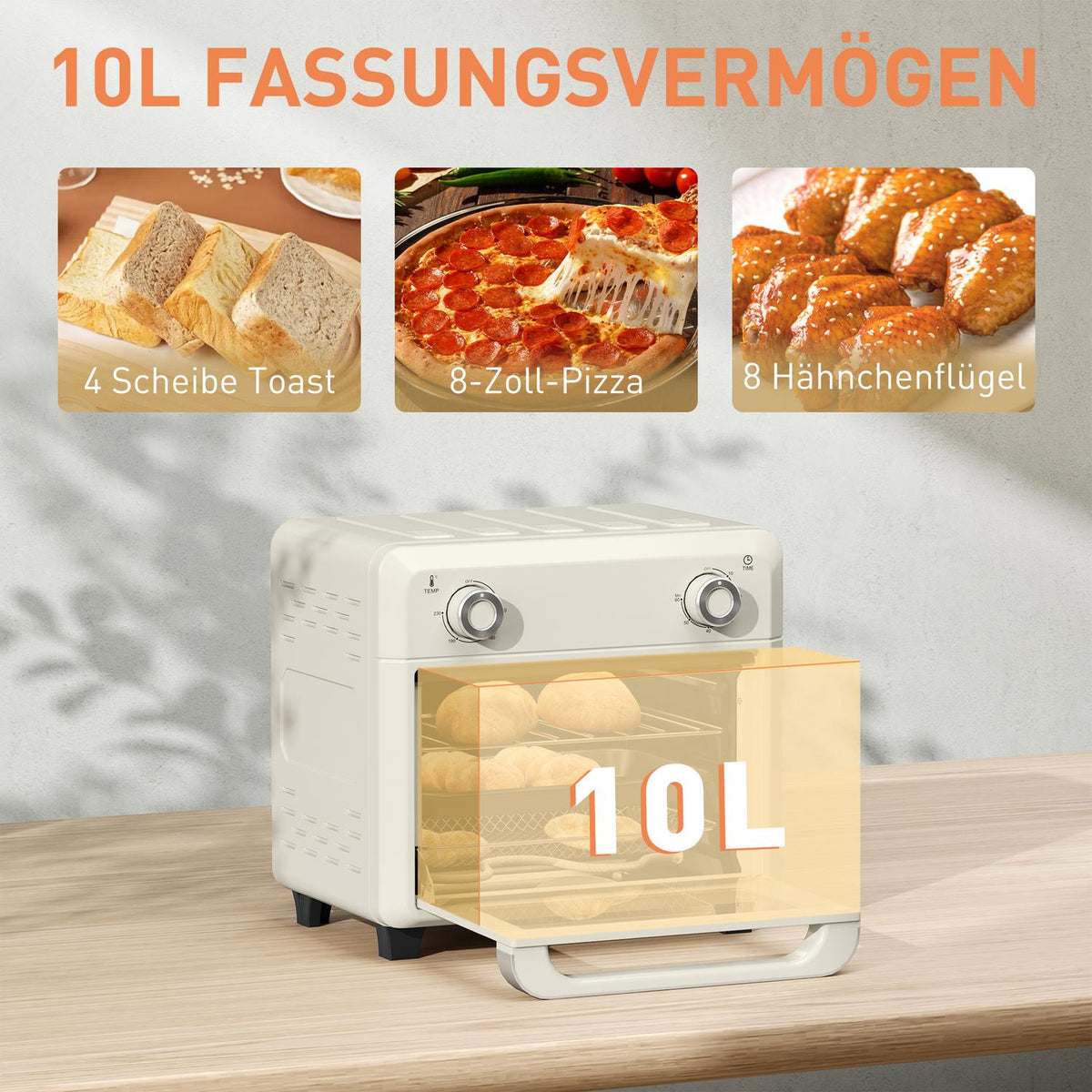 Mini oven with circulating air 10L 2 in 1 mini oven with oven rack, baking tray and crumb tray, 80°C-230°C hot air fryer with touch screen, timer, interior lighting, 1000W, stainless steel