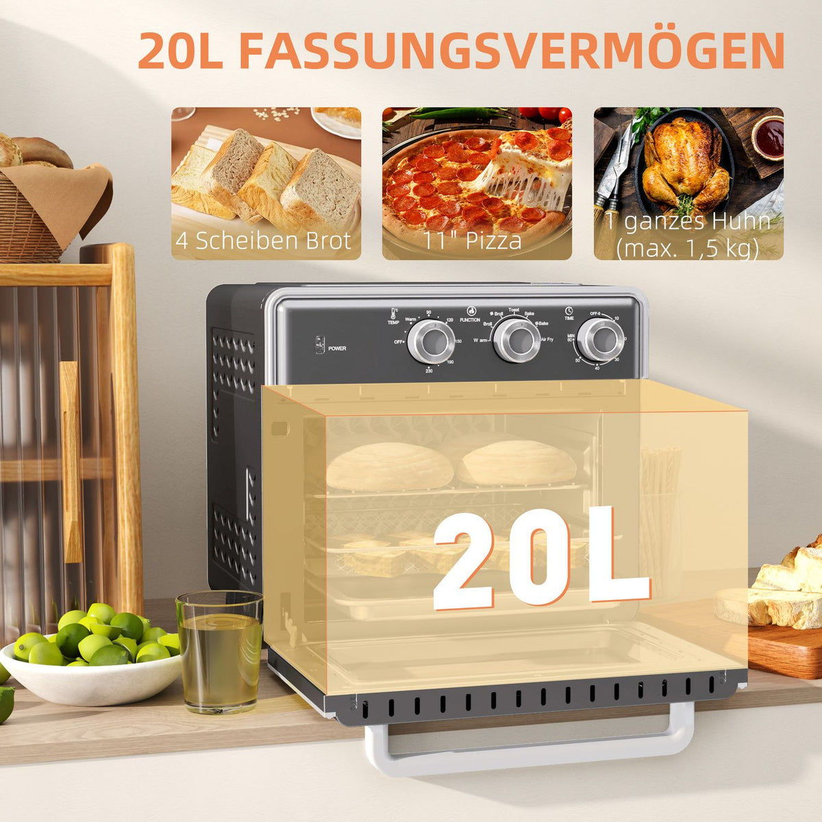 Mini oven with circulating air 20L mini oven with baking tray, grill rack and crumb tray, 90°C-230°C hot air fryer with 5 modes, frying basket, 60 min. timer, 1400W, metal
