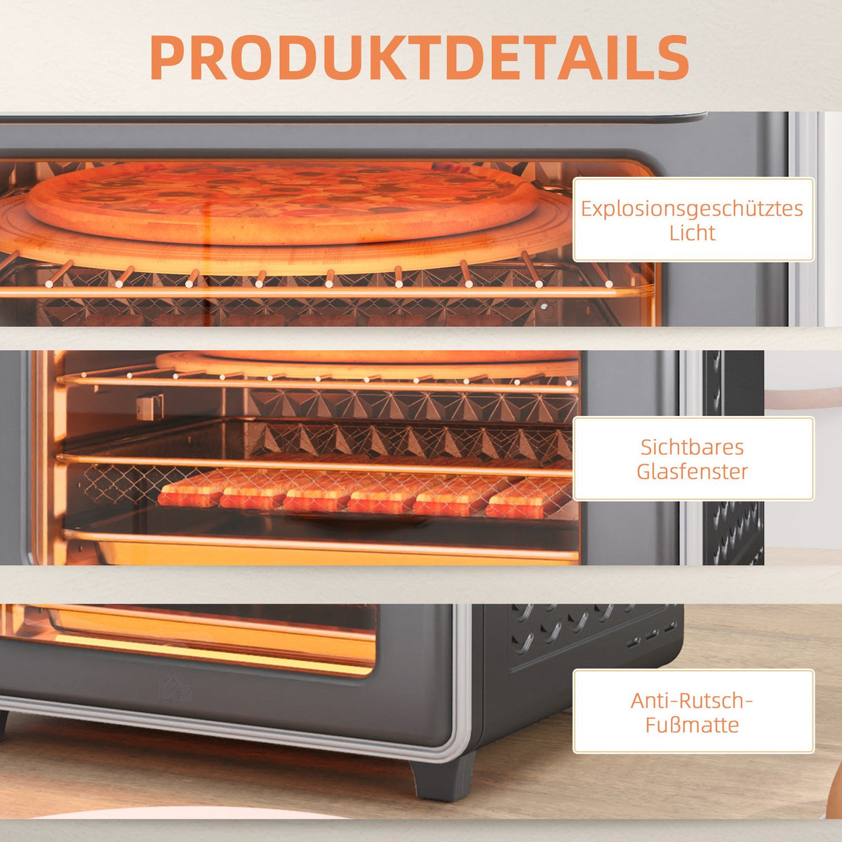 Mini oven with circulating air 20L mini oven with baking tray, grill rack and crumb tray, 90°C-230°C hot air fryer with 5 modes, frying basket, 60 min. timer, 1400W, metal