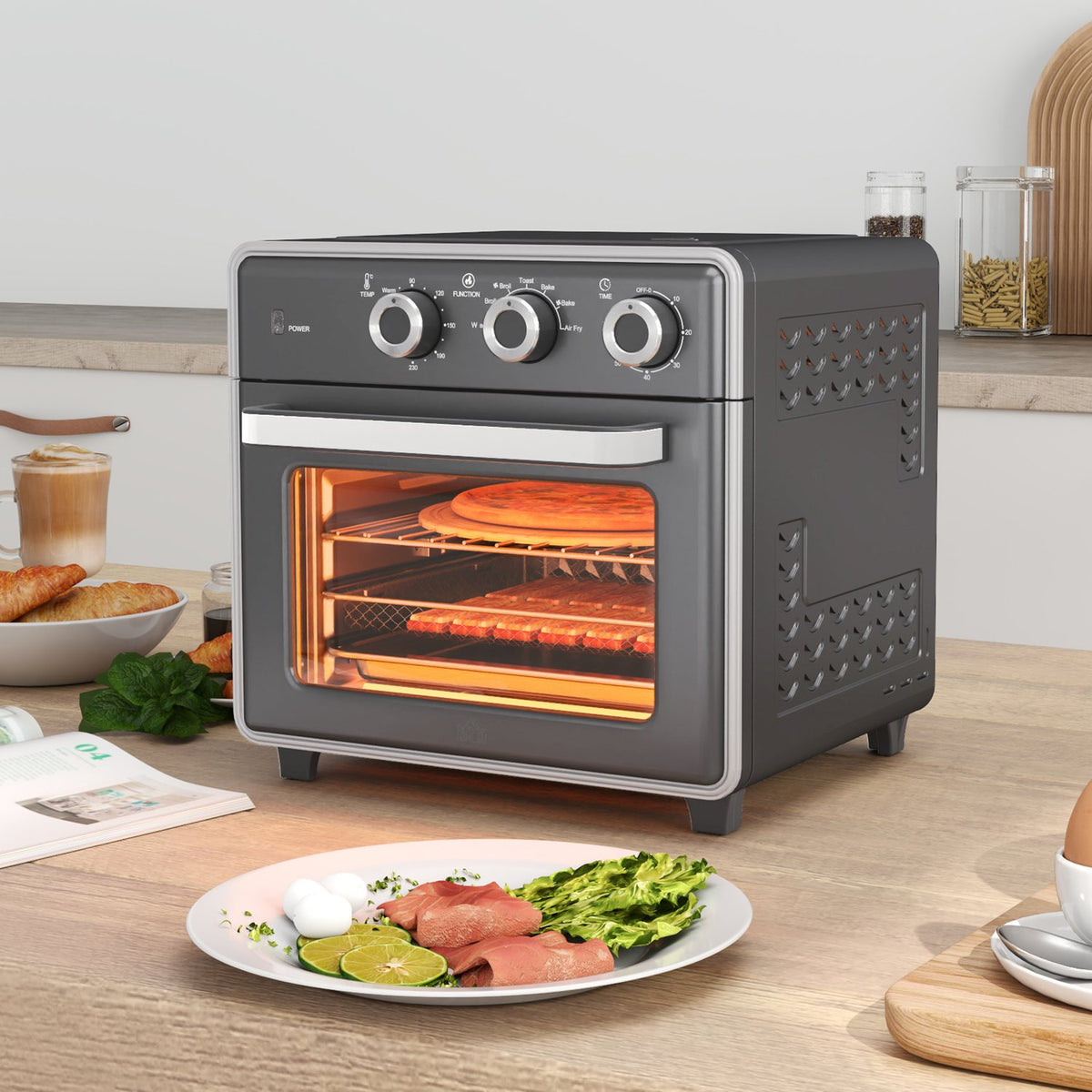Mini oven with circulating air 20L mini oven with baking tray, grill rack and crumb tray, 90°C-230°C hot air fryer with 5 modes, frying basket, 60 min. timer, 1400W, metal