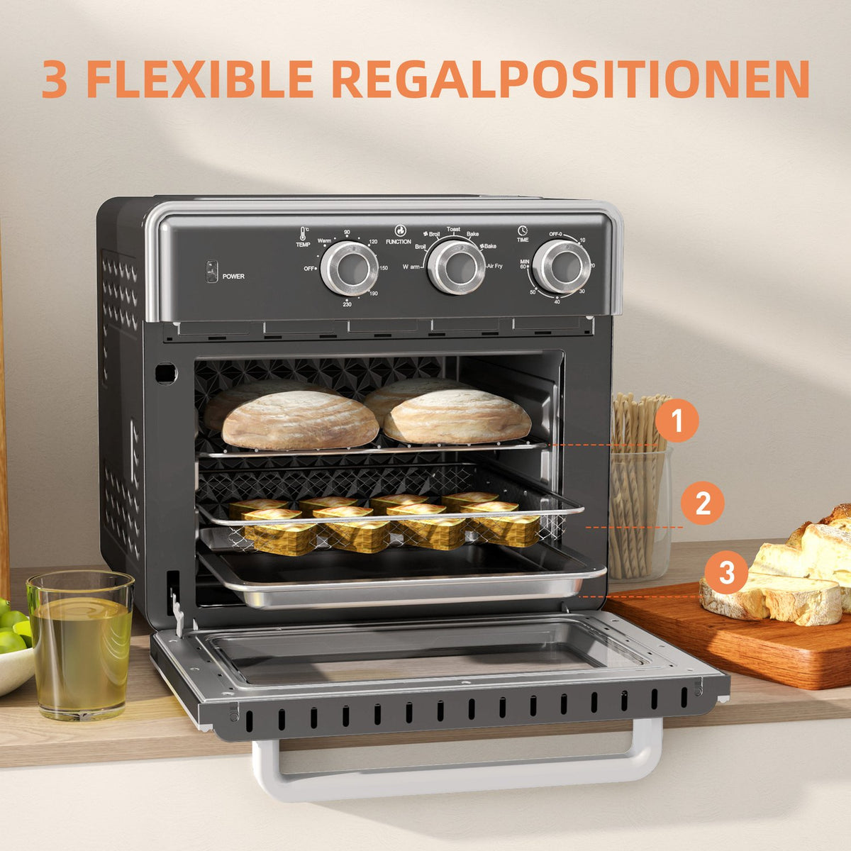 Mini oven with circulating air 20L mini oven with baking tray, grill rack and crumb tray, 90°C-230°C hot air fryer with 5 modes, frying basket, 60 min. timer, 1400W, metal