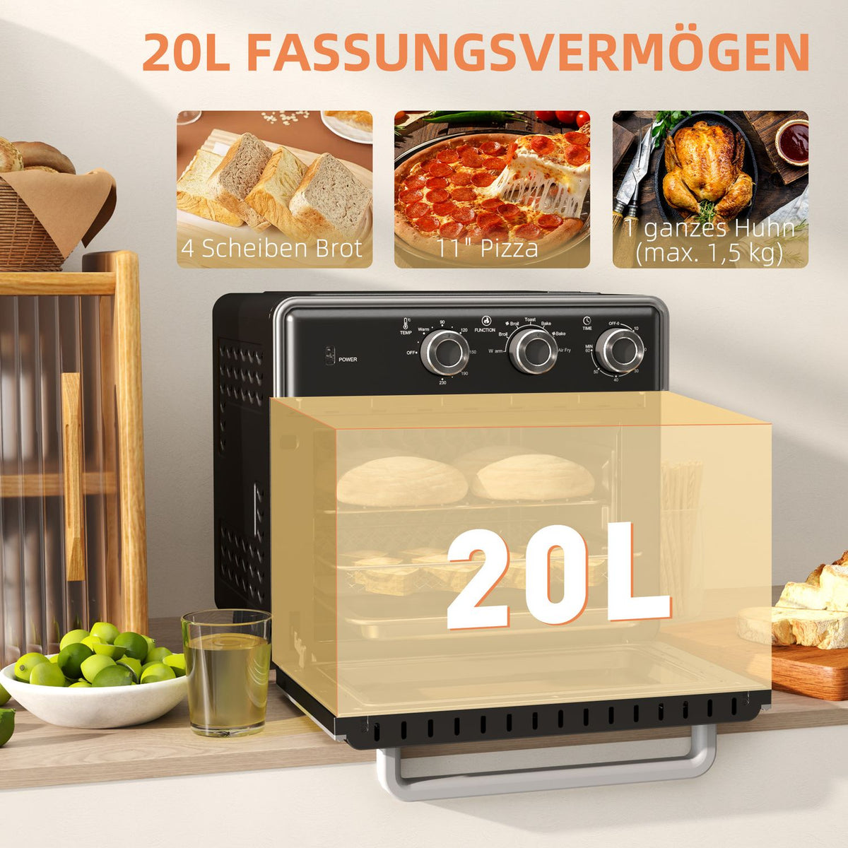 Mini oven with circulating air 20L mini oven with baking tray, grill rack and crumb tray, 90°C-230°C hot air fryer with 5 modes, frying basket, 60 min. timer, 1400W, metal