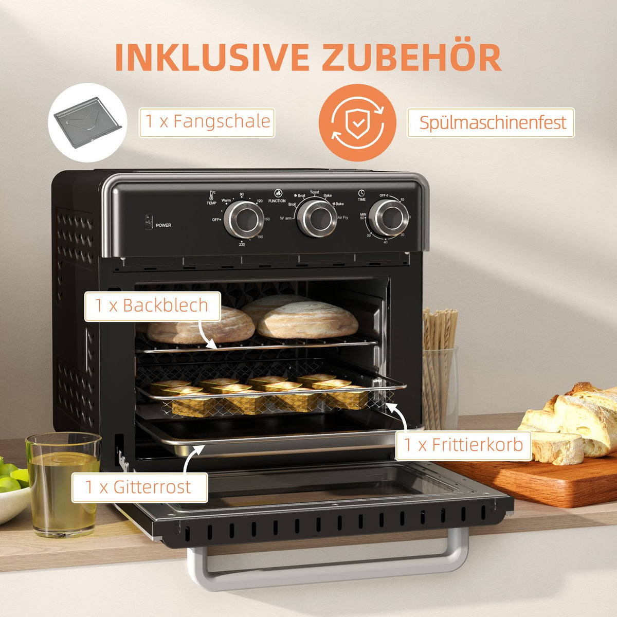 Mini oven with circulating air 20L mini oven with baking tray, grill rack and crumb tray, 90°C-230°C hot air fryer with 5 modes, frying basket, 60 min. timer, 1400W, metal