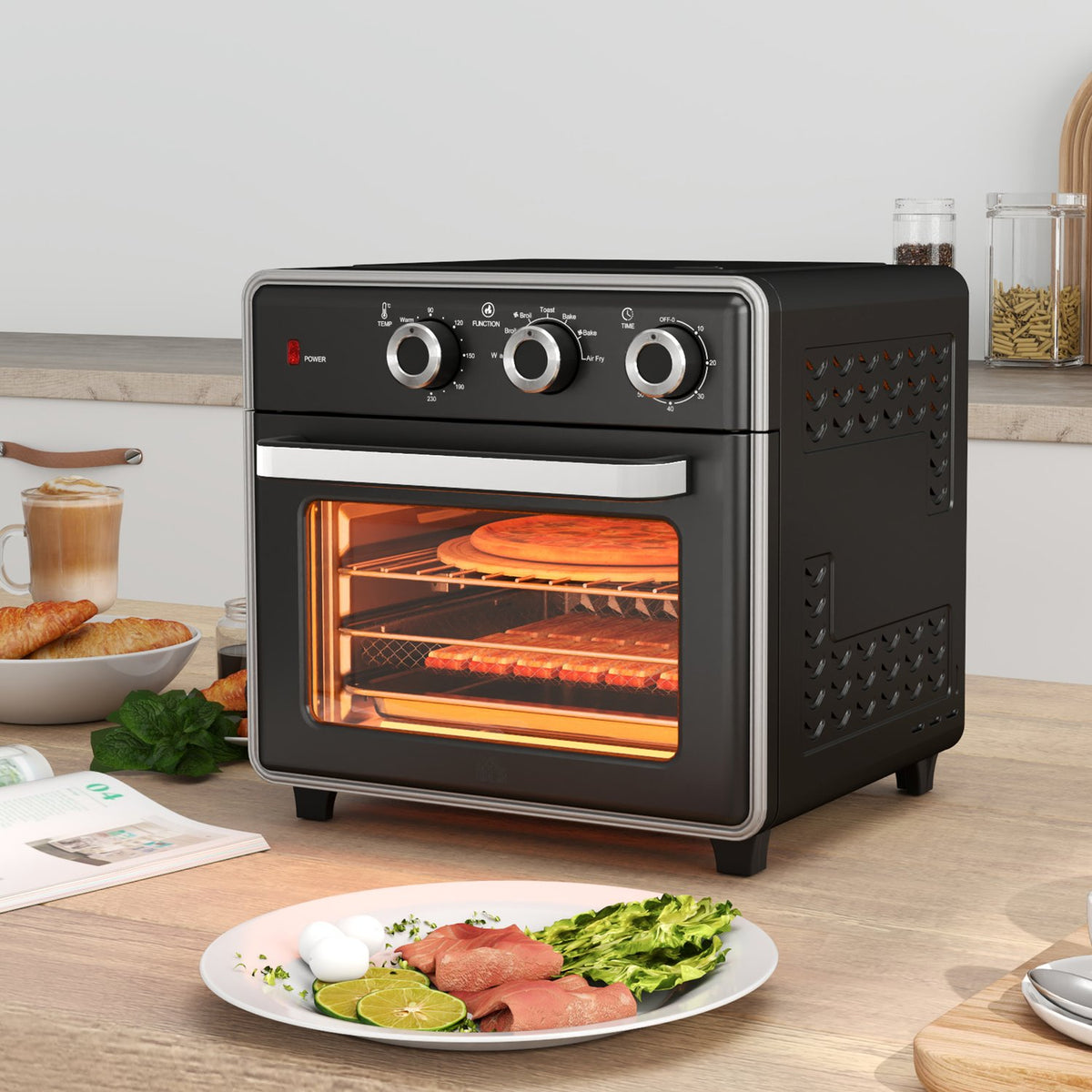 Mini oven with circulating air 20L mini oven with baking tray, grill rack and crumb tray, 90°C-230°C hot air fryer with 5 modes, frying basket, 60 min. timer, 1400W, metal
