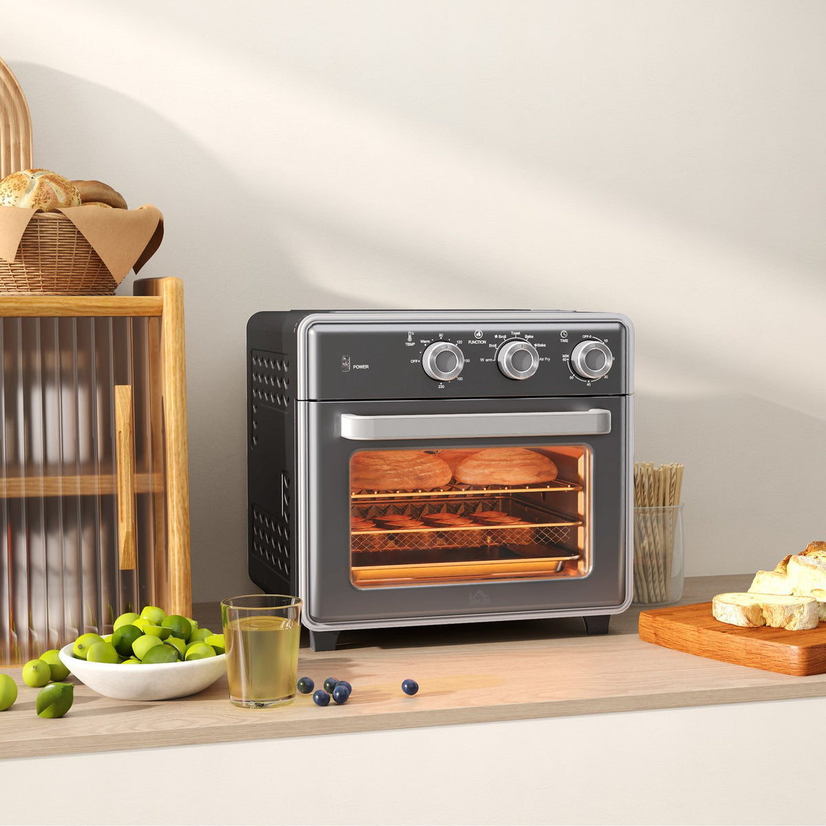Mini oven with circulating air 20L mini oven with baking tray, grill rack and crumb tray, 90°C-230°C hot air fryer with 5 modes, frying basket, 60 min. timer, 1400W, metal
