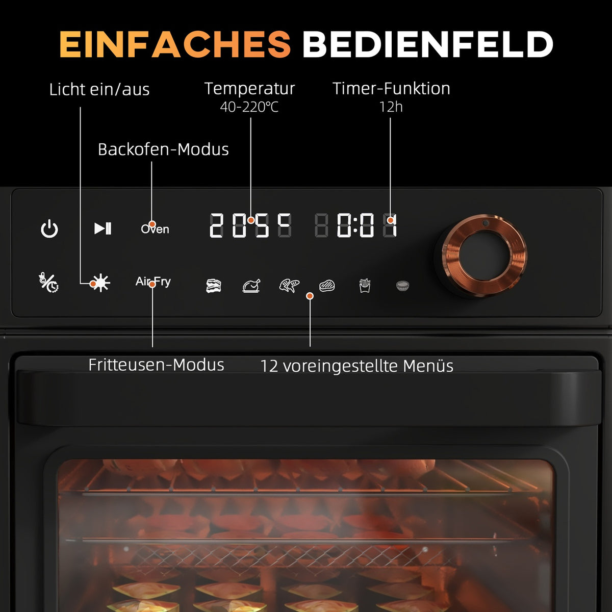Mini oven with circulating air, 40 °C-220 °C, 13L mini oven with baking tray, grill rack, crumb tray, hot air fryer with 12 programs