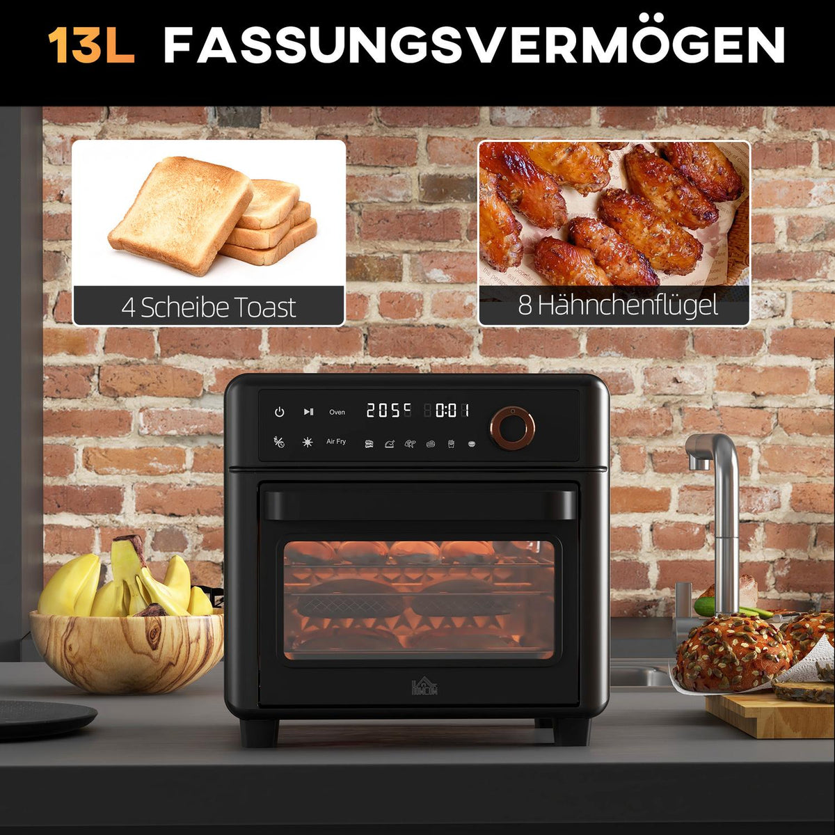 Mini oven with circulating air, 40 °C-220 °C, 13L mini oven with baking tray, grill rack, crumb tray, hot air fryer with 12 programs