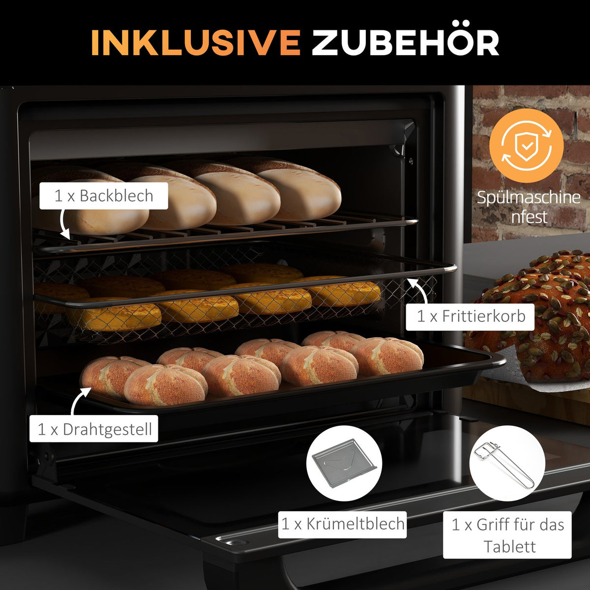 Mini oven with circulating air, 40 °C-220 °C, 13L mini oven with baking tray, grill rack, crumb tray, hot air fryer with 12 programs