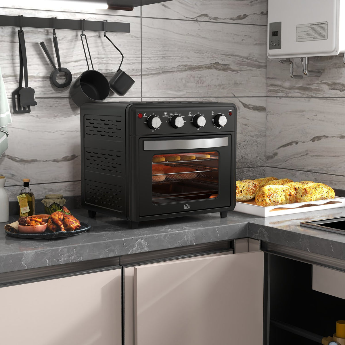 Mini oven with circulating air, 90°C-230°C, 30L, mini oven with baking tray, grill rack, crumb tray, hot air fryer with 7 modes, frying basket