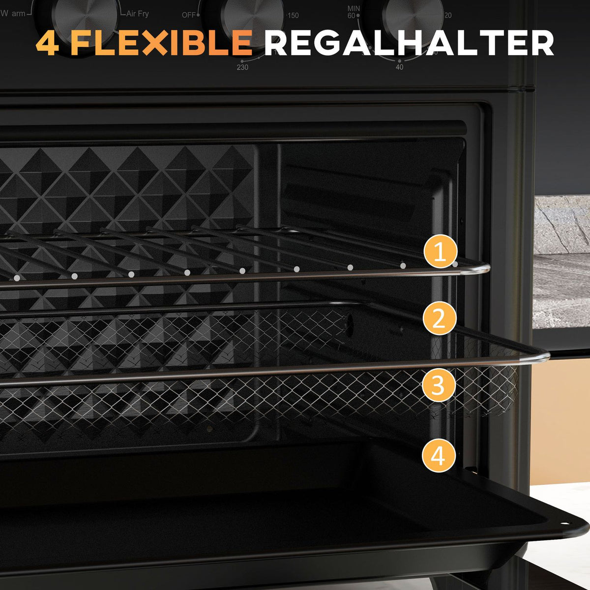 Mini oven with circulating air, 90°C-230°C, 30L, mini oven with baking tray, grill rack, crumb tray, hot air fryer with 7 modes, frying basket