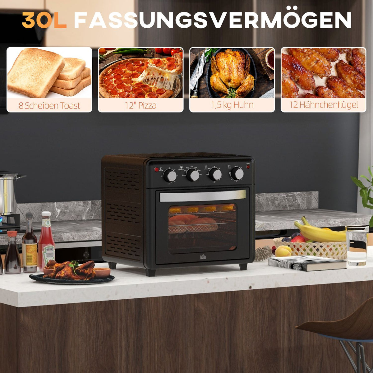 Mini oven with circulating air, 90°C-230°C, 30L, mini oven with baking tray, grill rack, crumb tray, hot air fryer with 7 modes, frying basket