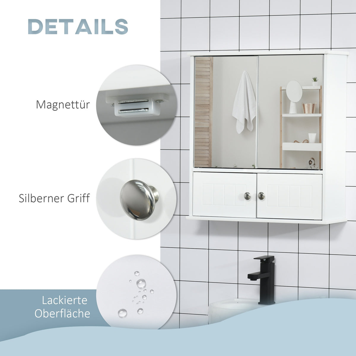 Mirror Cabinet Bathroom Cabinet With Glass Shelves, Wall Cabinet In White, 55X17.5X60Cm