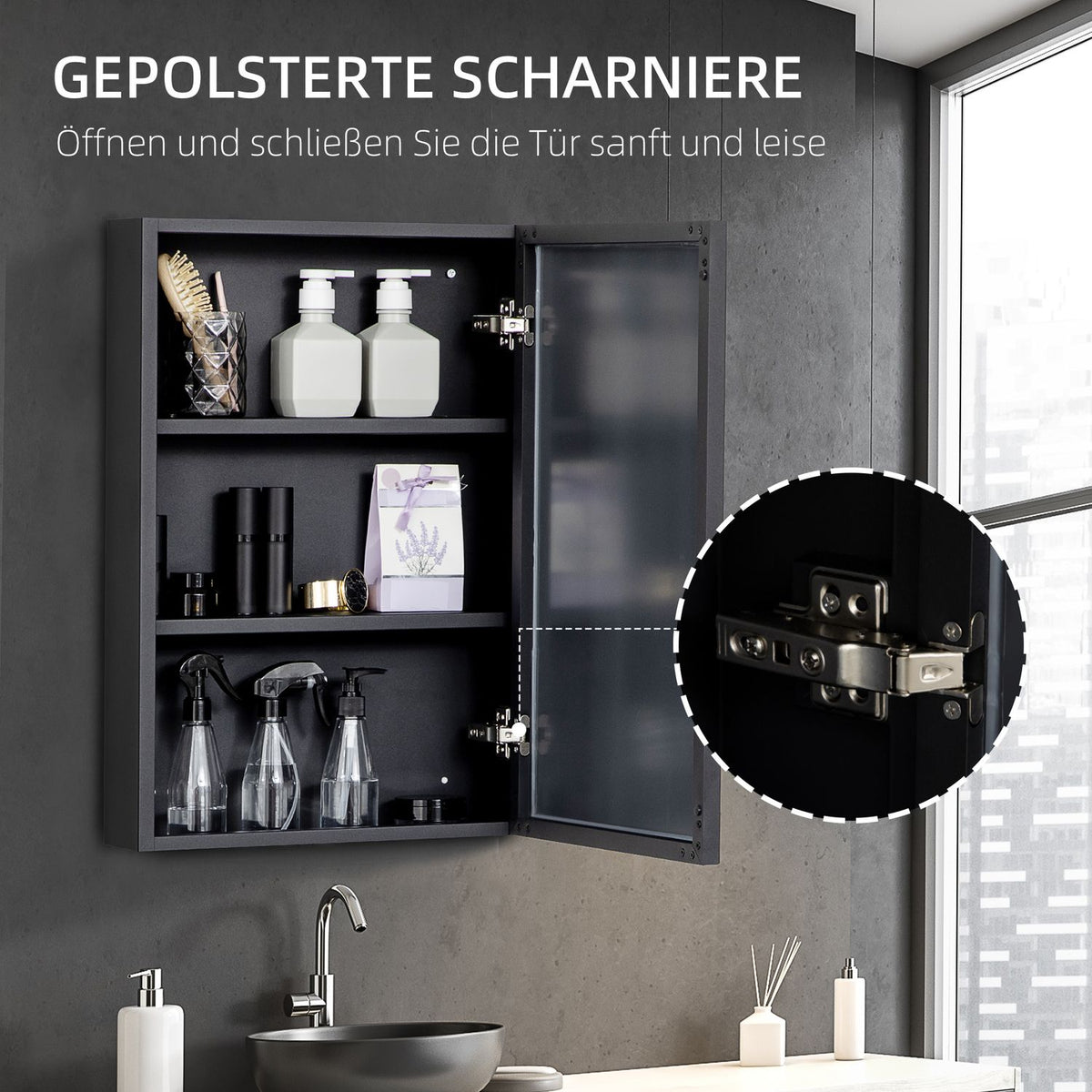 Mirror Cabinet, Bathroom Cabinet with 3 Tiers, Medicine Cabinet, Wall Cabinet for Bedroom, Black, 40 x 12 x 60 cm