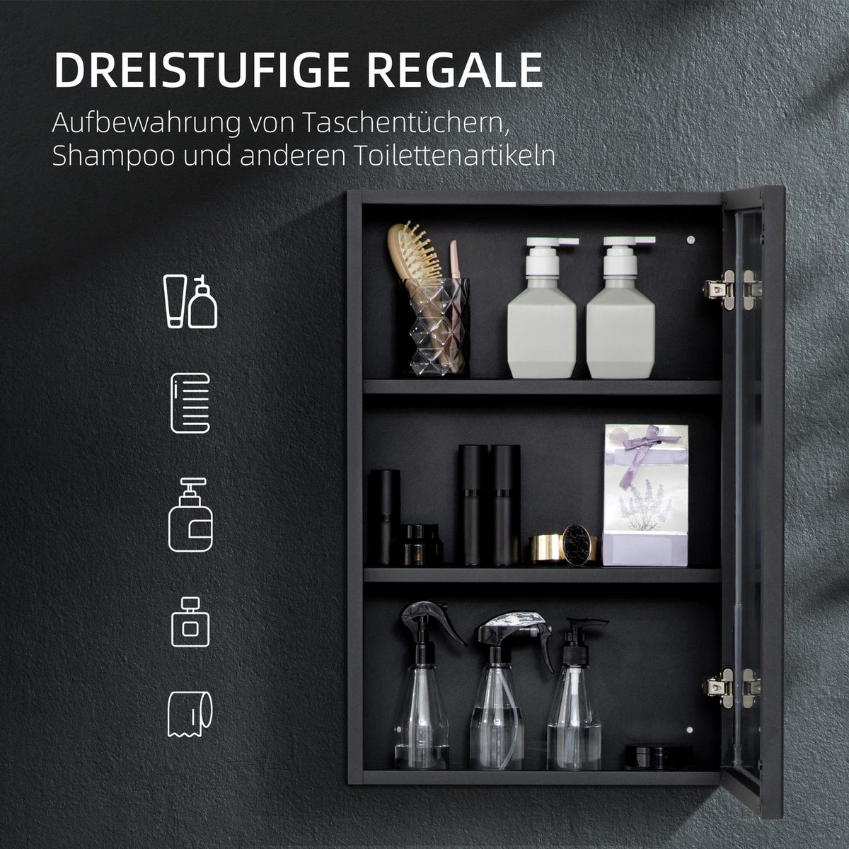 Mirror Cabinet, Bathroom Cabinet with 3 Tiers, Medicine Cabinet, Wall Cabinet for Bedroom, Black, 40 x 12 x 60 cm