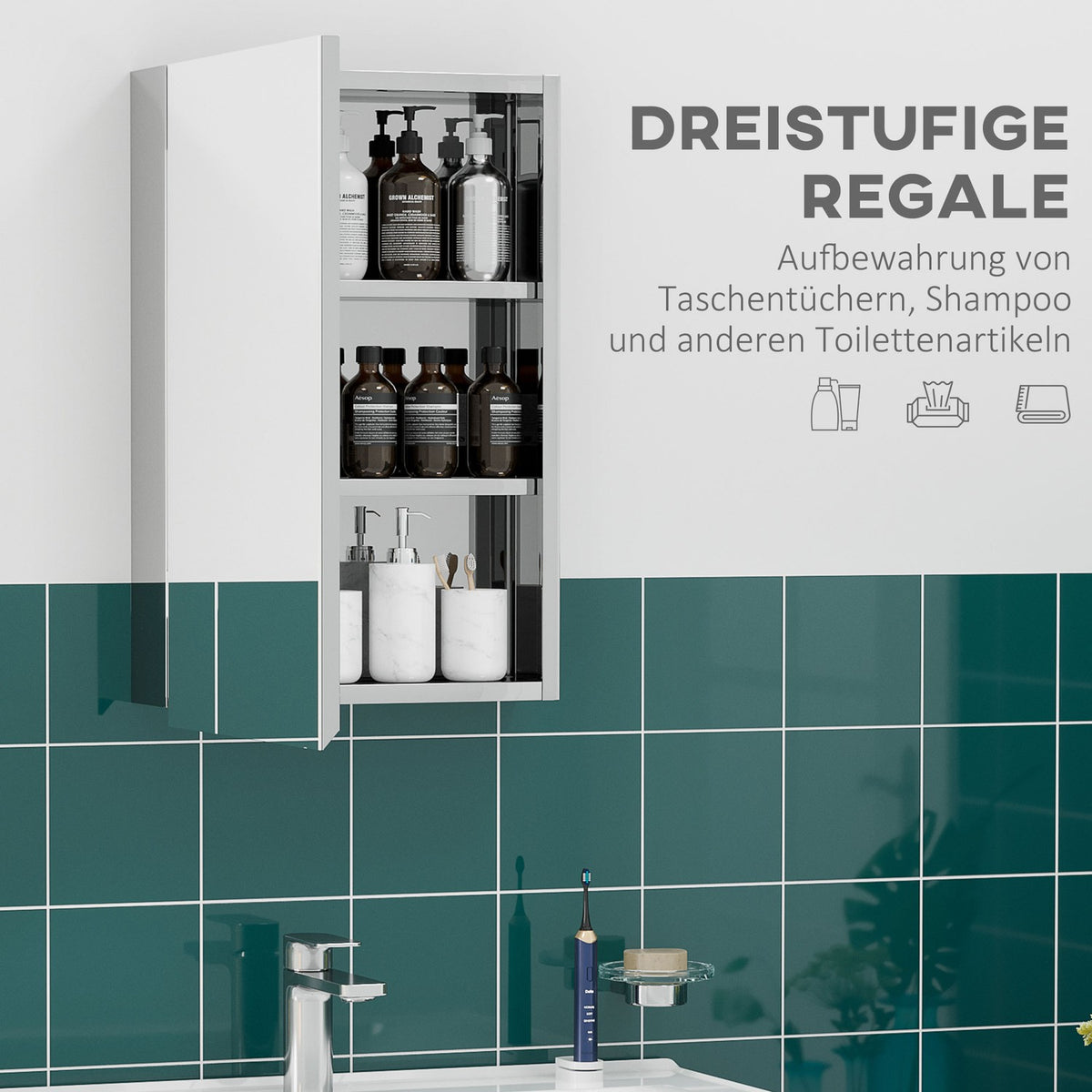 Mirror Cabinet, Bathroom Cabinet with 3 Tiers, Medicine Cabinet for Bathroom, Bedroom, Stainless Steel, Silver, 39 x 12 x 60cm