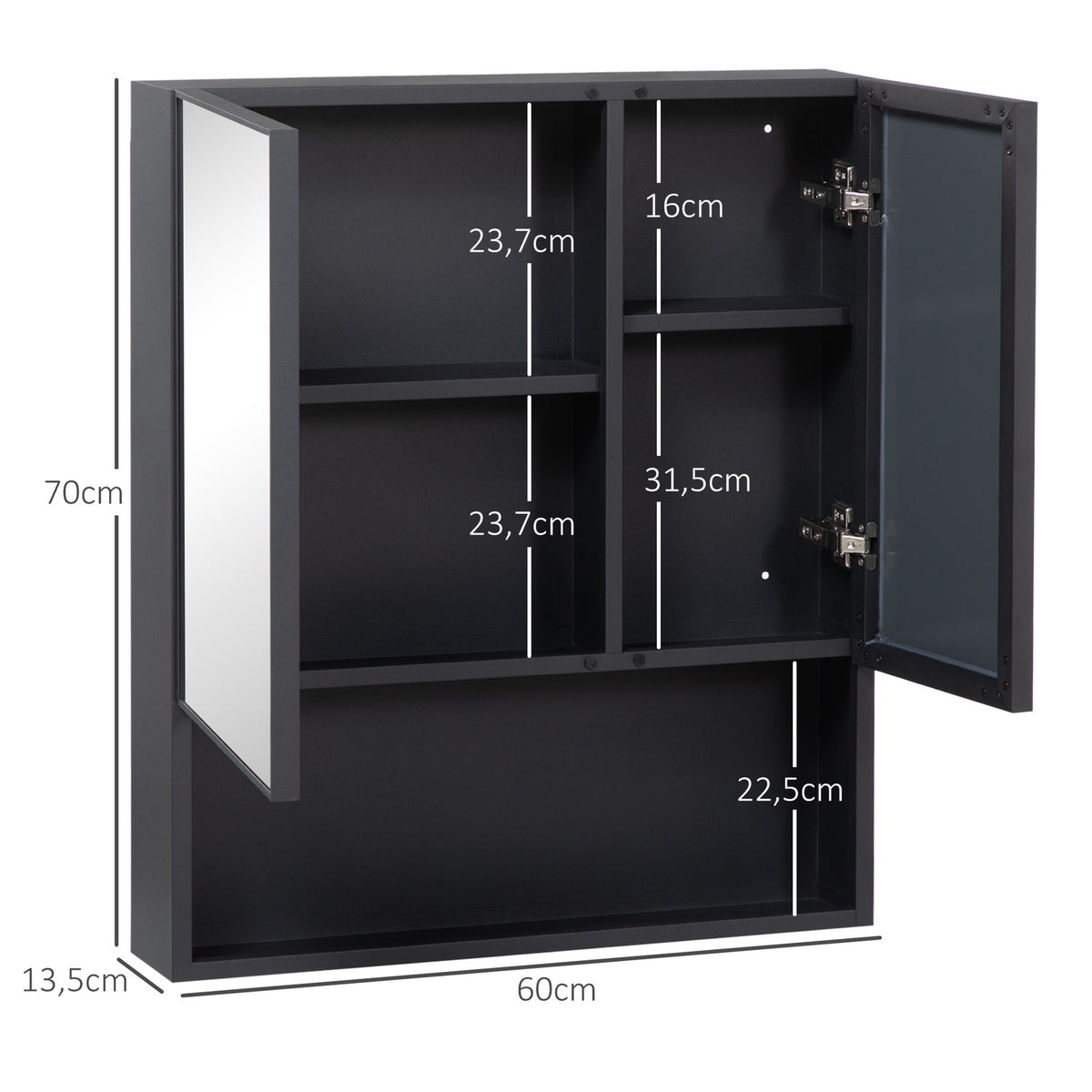 Mirror Cabinet Bathroom Cabinet with 5 Tier Double Door Wall Cabinet Medicine Cabinet for Bedroom Black 60 x 13.5 x 70cm