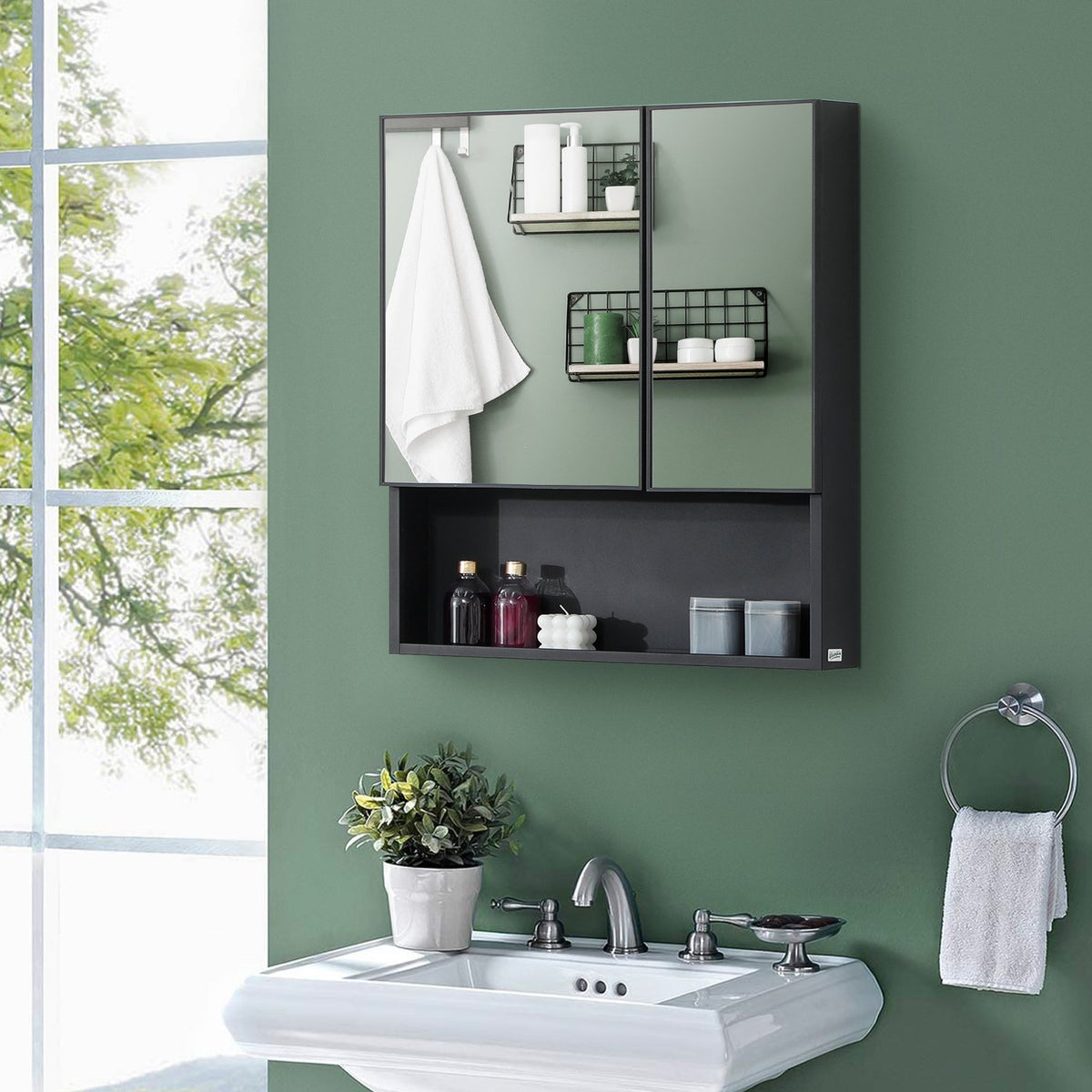 Mirror Cabinet Bathroom Cabinet with 5 Tier Double Door Wall Cabinet Medicine Cabinet for Bedroom Black 60 x 13.5 x 70cm