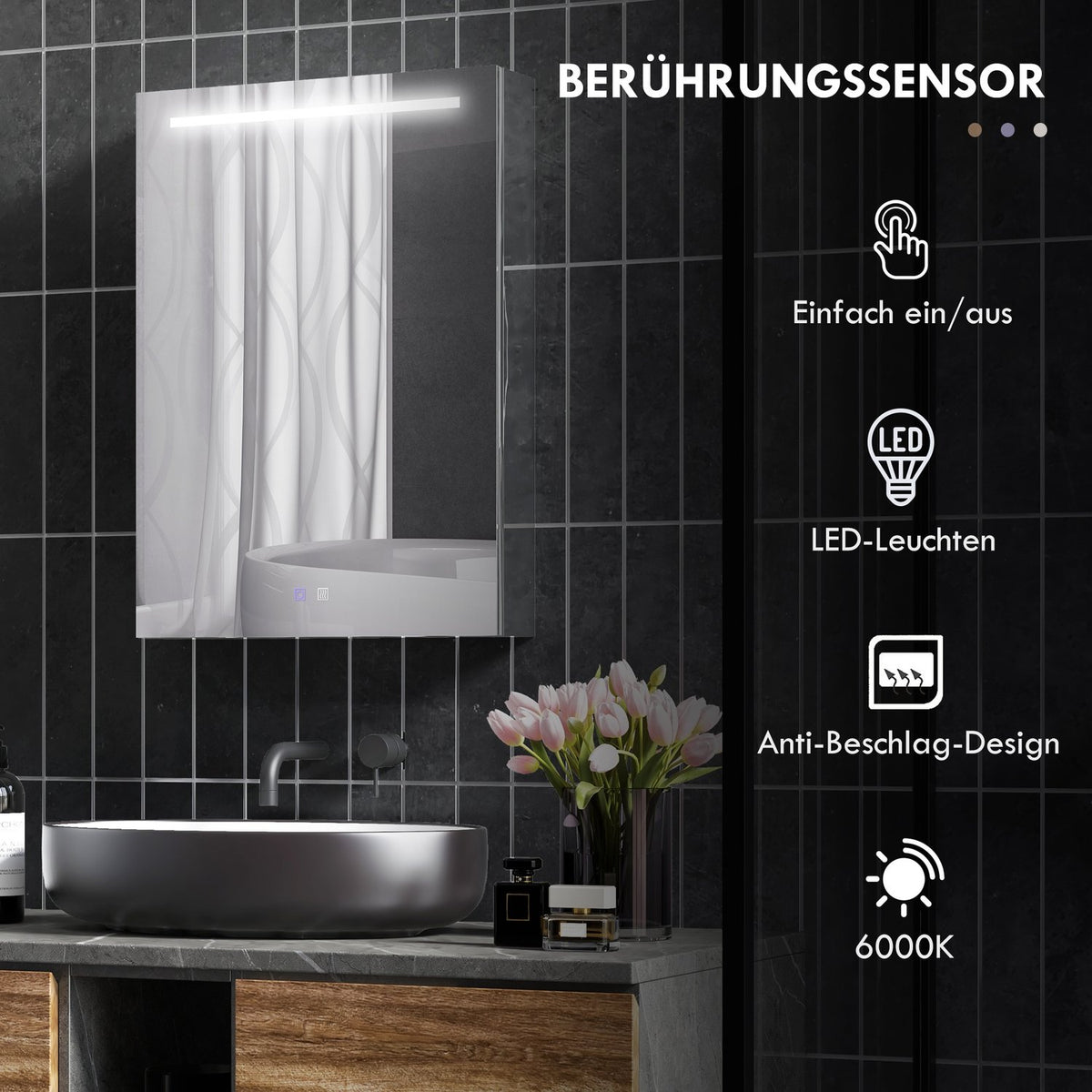 Mirror Cabinet Bathroom Led Lighting Touch Switch Anti-Fog Wall Cabinet Shelves Soft Close Silver