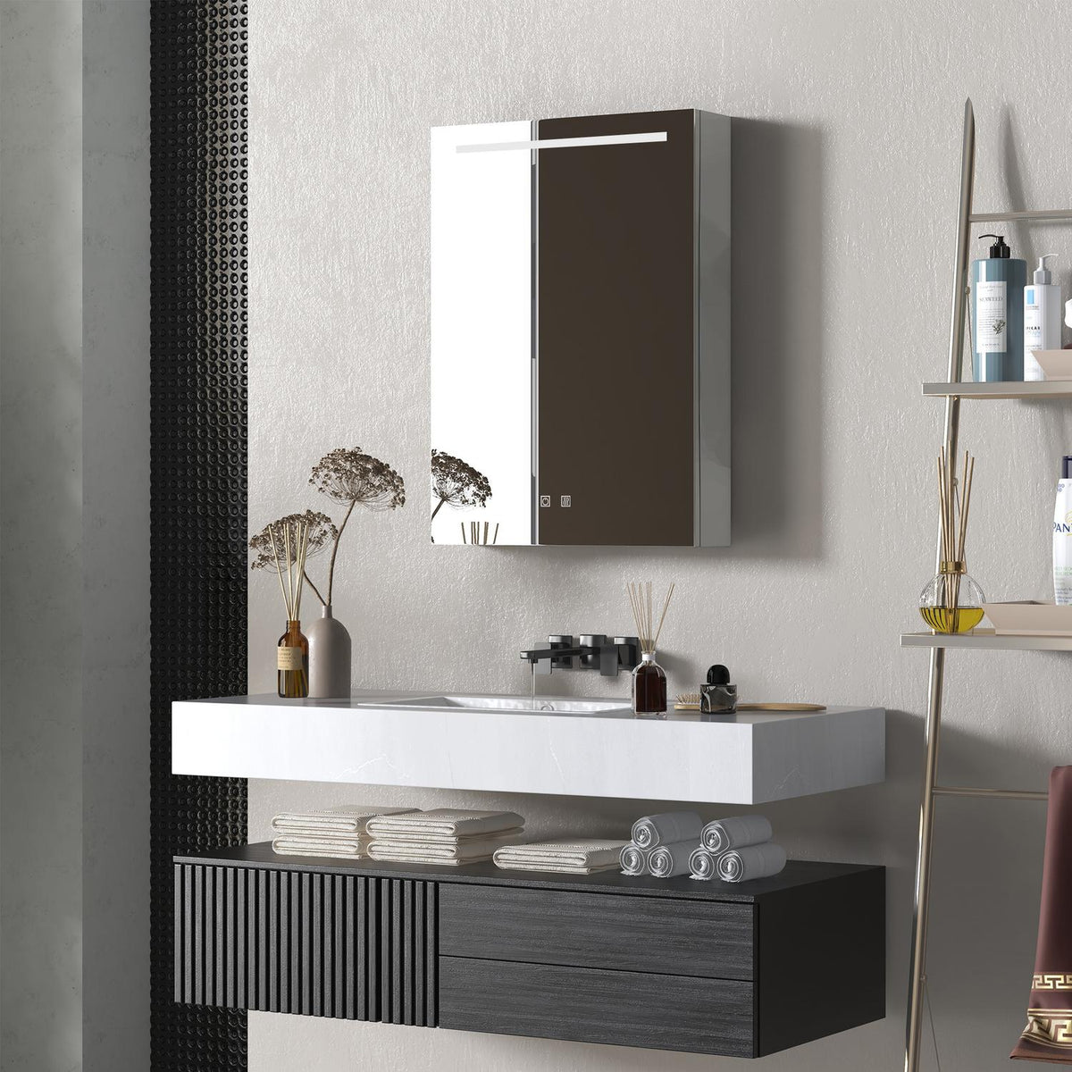 Mirror Cabinet Bathroom Led Lighting Touch Switch Anti-Fog Wall Cabinet Shelves Soft Close Silver